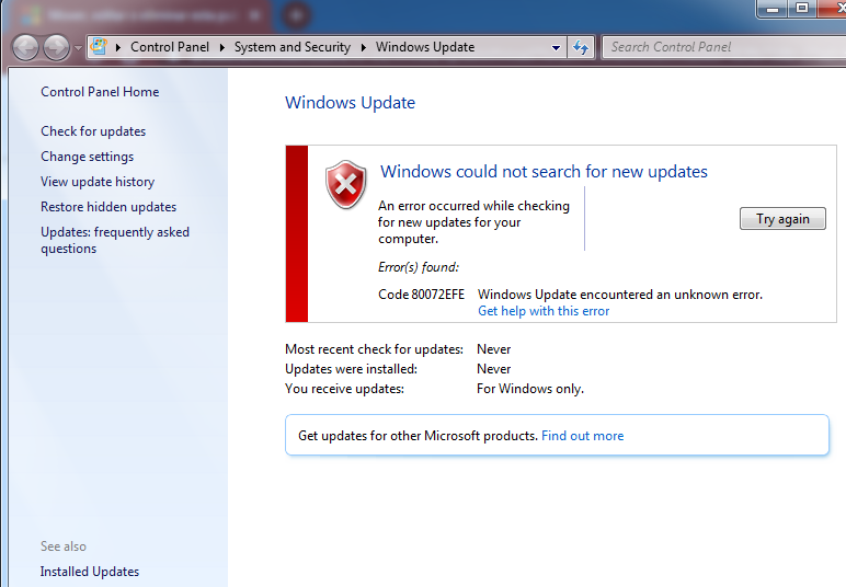 Windows Update Error 80072EFE